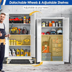 Metal Garage Storage Cabinet with Lock, 61” Tall Lockable File Cabinet with Wheels, Steel Tool Cabinet with 2 Door and 3 Adjustable Shelves, Rolling Cabinet for Home Office Garage Gym - White