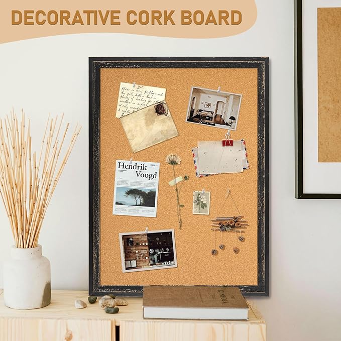 DOLLAR BOSS Cork Board for Office 30 X 20 Inches Cork Boards for Walls Bulletin Board, Decorative Hanging Pin Board Rustic Wooden Frame Vision Board Cork Notice Board for Office Home Decor, Black