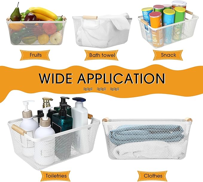 Maxcheck 6 Pack 3 Size Metal Wire Baskets Wooden Handles Steel Mesh Storage Bins Organizer Containers Gift for Home Cabinets Closet Kitchen Food Fruit Freezer Storage Rectangle (White)