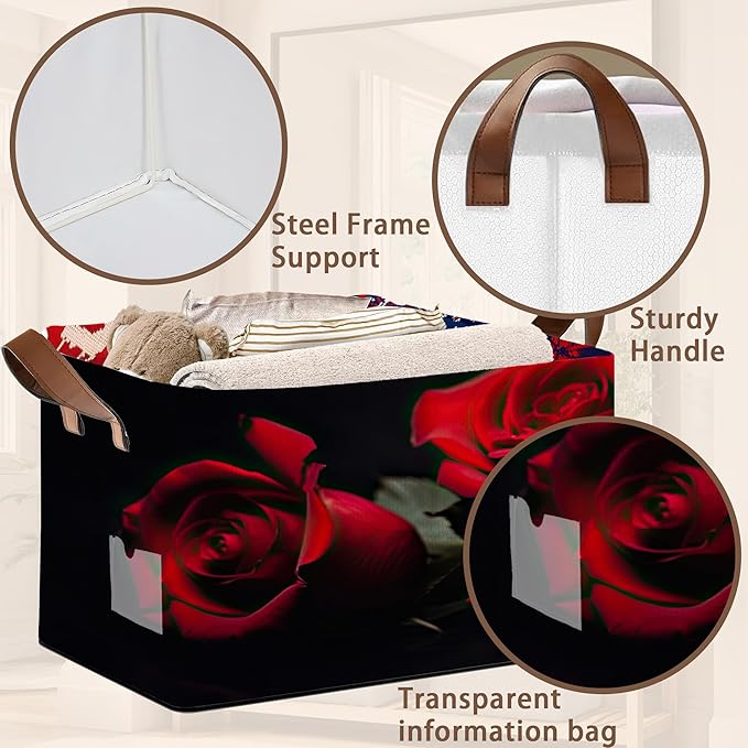 Romantic Rose Storage Basket Large 17x11.5x10.5 Inche-Collapsible Fabric Organizer Bin with Handles for Bedroom,Wedding Decor,Farmhouse-Foldable Decorative Hamper with Blossom Floral Design-1 Pack