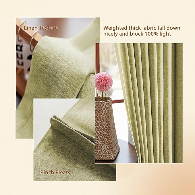Textured Linen Pencil Pleats 100% Blackout Curtains for Bedroom/Living Room Blackout Curtains 63 Inches Long, Energy Saving Window Treatment Curtains,42Wx63Lx2,Lemon