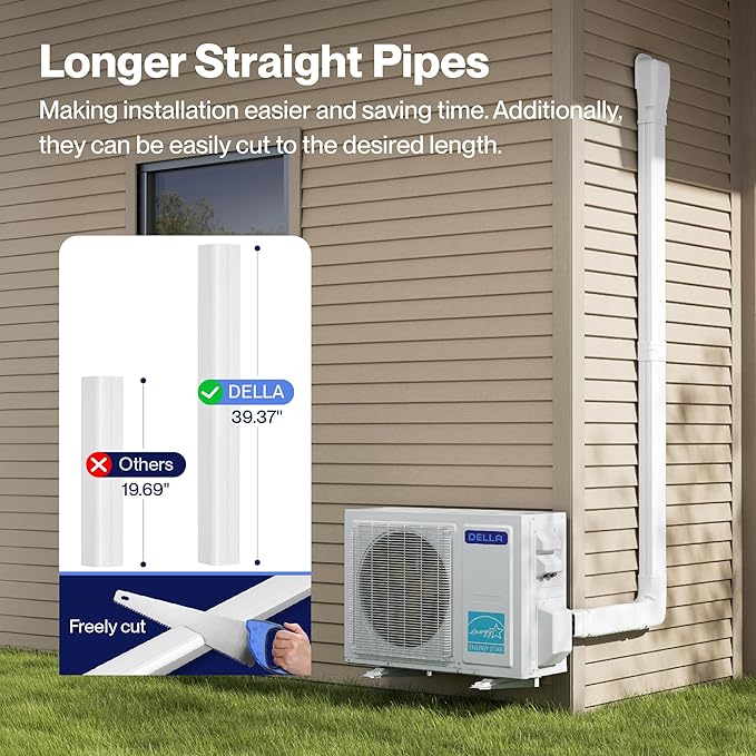 DELLA 3" 15.5 Ft Mini Split Line Set Cover with Flexible Duct, Decorative PVC Lineset Cover Kit, Paintable for Mini Split Air Conditioner, HAVC & Heat Pumps Systems Tubing Cover, White