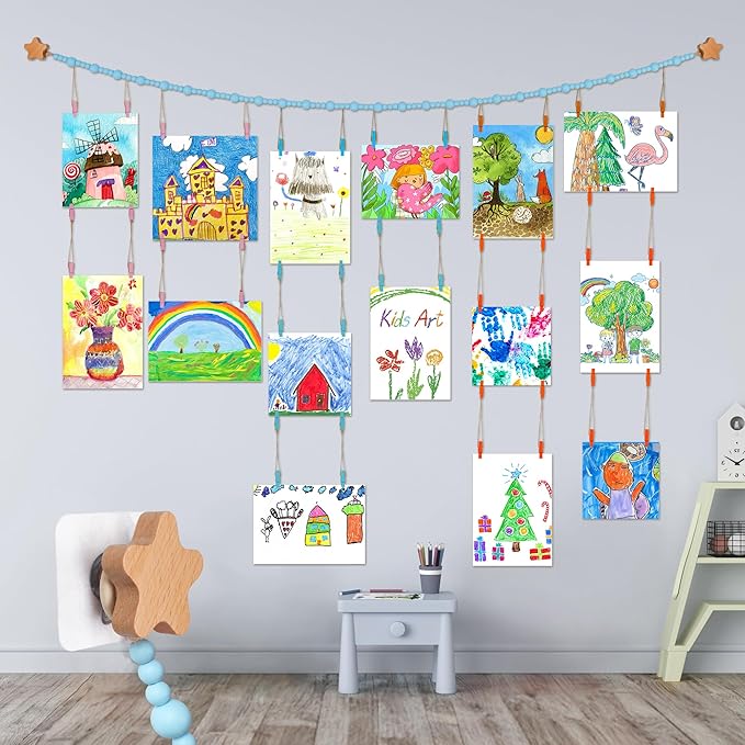 KOLLIEE Kids Artwork Display Art Wall Decor 4.93ft Boho Wooden Beaded Garland Collage Holder with Hanging Rings Wooden Stars Hook 40 Wood Clips for Kids Artwork Photo Room Bedroom Decor Blue