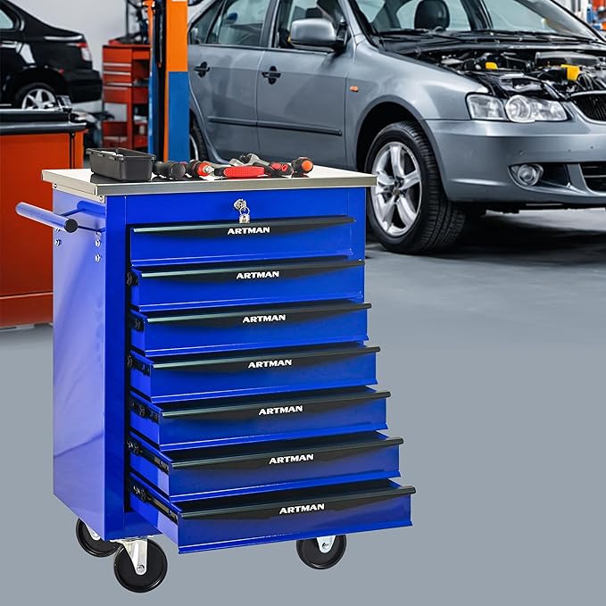 7 Drawer Rolling Tool Chest with Locker, 22.2" D Metal Movable Lockable Tool Cart Box Multi-Functional Hardware Storage Cabinet Box for Warehouse Basement Home Pantry Garage