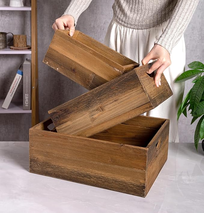 TIMRIS Set of 3 Rustic Distressed Wood Nesting Crates, Farmhouse Decorative Wooden Storage Boxes, Vintage Reclaimed Wood Baskets for Display (Natural)