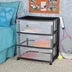 3 Drawer Wide Plastic Storage Cart with Clear Pull-Out Drawers & 4 Wheels - Medium Home Organization Container for Classroom Bathroom Dorm Bedroom Laundry Room (Black)
