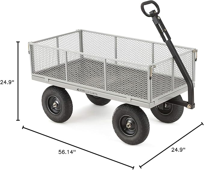 Gorilla Carts Steel Utility Cart, 7 Cu Ft Bed, 1000 lb Load Capacity, Gray – Towable Heavy-Duty Outdoor Hauling Wagon with Removable Side Panels for Yard, Lawn, Garden or Landscaping