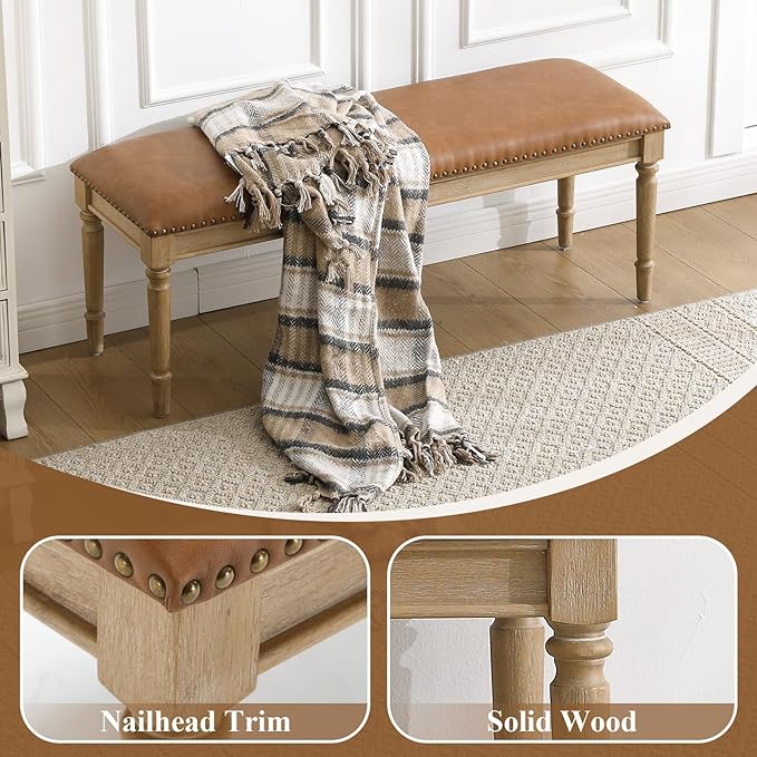 46'' French Country Entryway Bench Wooden Faux Leather Upholstered Seat Dinng Bench with Nailhead Trim for Hallway End of Bed, Brown