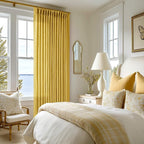 Gold Yellow Linen Pinch Pleated Curtains 108 Inches Long 2 Panels for Living Room Bedroom Light Filtering Drapes 108 Inch Length Mustard Yellow Semi Sheer Memory Shape Trained Ceiling Floor Curtain