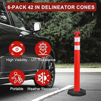 OrangeStar 42" Traffic Delineator Post Cones 6-Pack Orange Safety Cones with Heavy Duty Rubber Base for Construction, Road Work, Parking Lots, Warehouse and Events