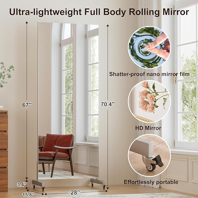 brisafe 67"x28" Ultra-Light Mobile Floor Mirror with 360° Wheels, 0.04mm Shatterproof Nano Film for Home Gym/Yoga/Dance Studio & Commercial Use | 60% Insurance Savings | Silver