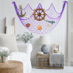 2 Pack Fish Net Decorations - 80x40 Inch Purple Fishing Net Decor for Under The Sea Hawaiian Beach Themed Party, 3mm Thick Natural Cotton Versatile Nautical Netting for Wall Table Halloween Decor