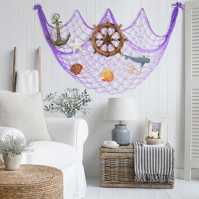 2 Pack Fish Net Decorations - 80x40 Inch Purple Fishing Net Decor for Under The Sea Hawaiian Beach Themed Party, 3mm Thick Natural Cotton Versatile Nautical Netting for Wall Table Halloween Decor
