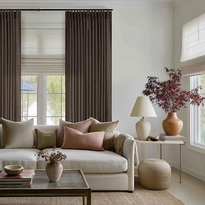 Dark Chocolate Pinch Pleated Linen Curtains 96 Inches Long 2 Panels for Living Room Bedroom Memory Training Brown Semi Sheer Pleat Drapes with Hooks Rings Light Filtering Window Curtain 40x96