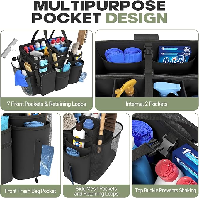 Rolling Cleaning Caddy Bag with Detachable Trolley, Cleaning Supplies Organizer Cart on Wheels, Cleaning Supply Caddy for Housekeepers (Black, 11.5" Dx15.7 Wx13 H)
