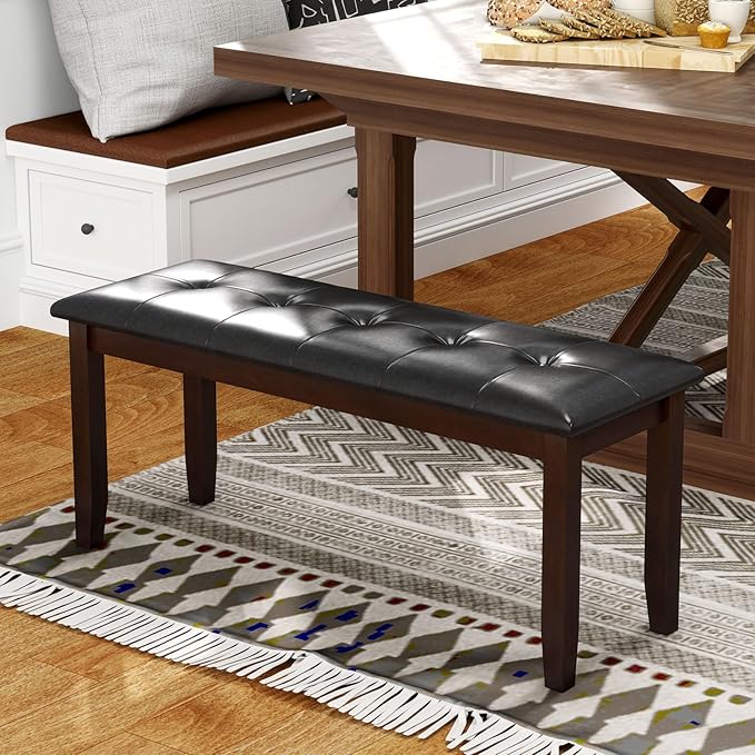 Giantex Dining Room Bench, Traditional Upholstered Table Benches, Hallway PU Leather Bench Entryway Bench, Bedroom Bench for End of Bed, Ottoman Bench (Brown)