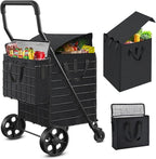 Shopping Cart for Groceries, Folding Utility Cart with Waterproof Liner and Insulated Cooler Bag, 360° Swivel Wheels Height Adjustable Portable Grocery Cart for Condo Laundry Transport Trip