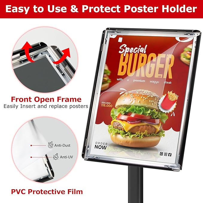 Heavy Duty Sign Holder Stand 11x17 Inch - Pedestal Floor Standing Sign Holder with Weighted Base - Vertical & Horizontal Poster/Menu Stand for Indoor/Outdoor Business Store Advertising, Black
