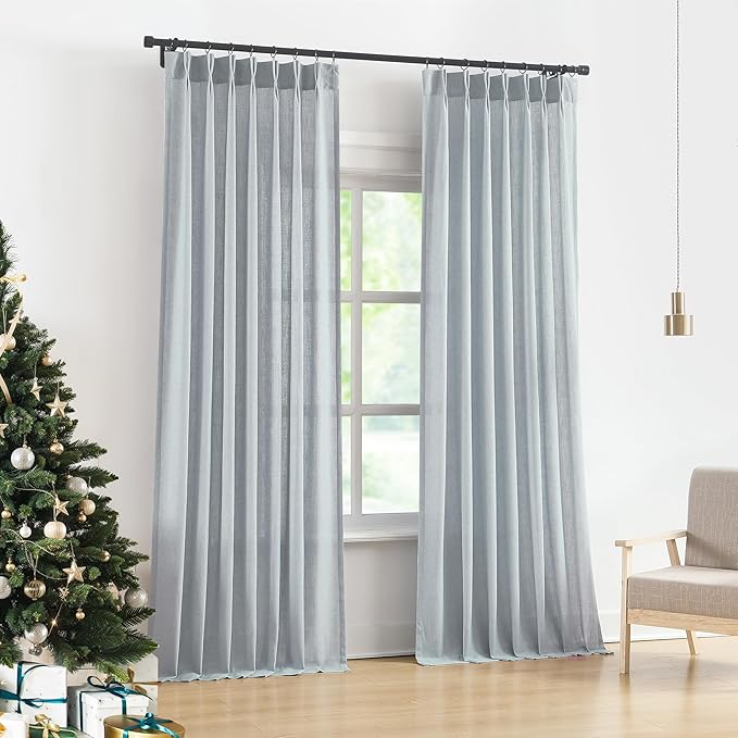 Vision Home Blue Grey Pinch Pleated Semi Sheer Curtains Textured Linen Blended Light Filtering Window Curtains 108 inch for Living Room Bedroom Pinch Pleat Drapes with Hooks 2 Panels 9ft 40" Wx108 L