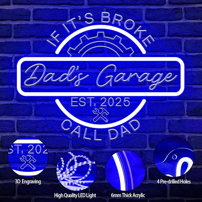 Personalized Garage Neon Sign for Wall Decor, Custom 3D Engraved Round LED Gear Garage Name Sign with Remote,Customized Dimmable Neon Lights for Garage, Workshop, Carport, Man Cave,Gifts for Men Dad