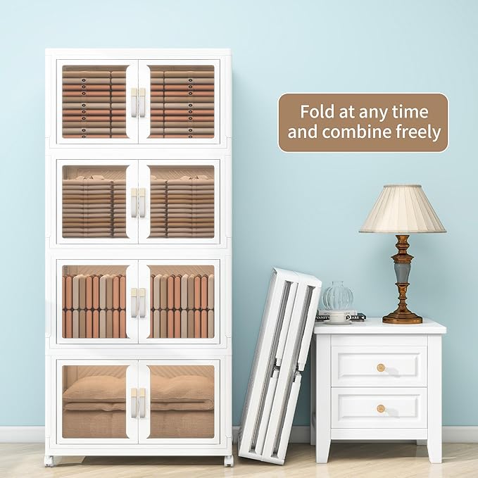 Large Clear Stackable Storage Bins with Lids, 628QT-157QT*4Tier Foldable Cabinet for Closet Organizers, Plastic Storage Box with Wheels White