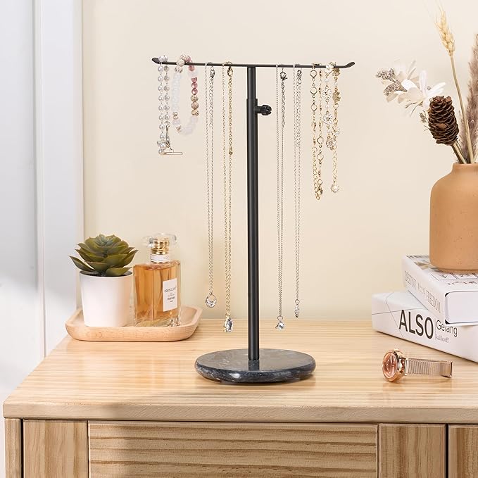 Black Necklace Holder Jewelry Organizer Stand – Adjustable Height T‑Bar Jewelry Display with Dark Gray Marble Base, Necklace & Bracelet Holder, Countertop Jewelry Rack