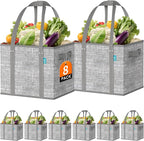 Fab totes Reusable Grocery Bags, Large Foldable Shopping Tote Bags with Reinforced Handles & Hard Bottom,Water Resistant Grocery Bags for kitchen,Picnic,8 Pack, Grey