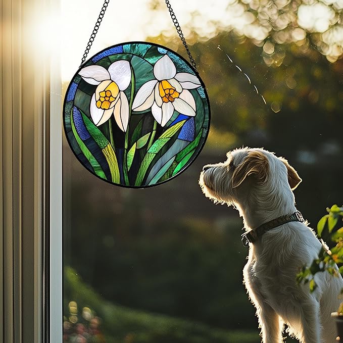 Stained Glass Window Hanging - White Snowdrops Birth Flowers Suncatcher for Doors Garden Patio Sun Catchers Decor Christmas Mother's Day Birthday Gifts for Women Men Mom Nana Friend 15 in