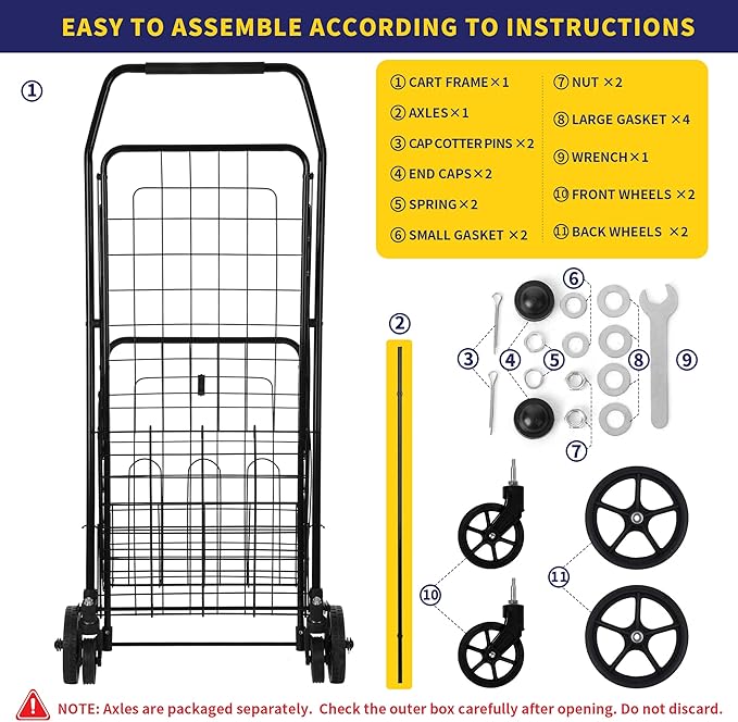 Folding Shopping Cart with Waterproof Liner, Grocery Cart Large Bag with Top Cover, 200 Lb Capacity, Utility Cart with 360° Rolling Swivel Wheels, Medium & Extra Basket