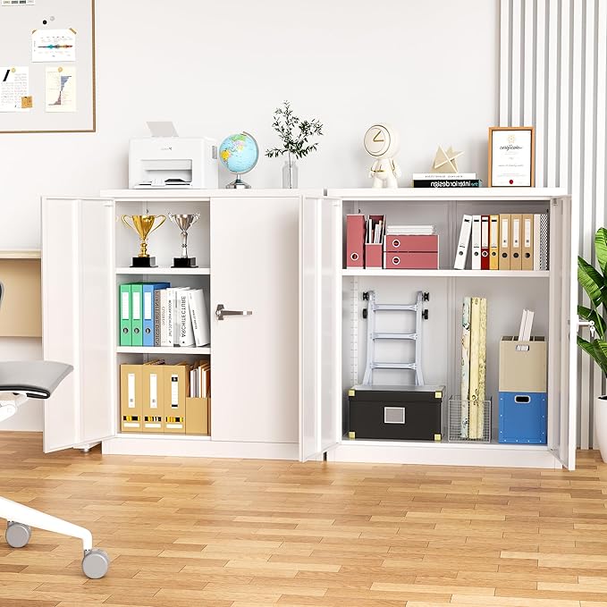 INTERGREAT Metal Garage Storage Cabinet, 36" Lockable Storage Cabinet with 2 Doors and 2 Adjustable Shelves, Steel White File Cabinet Great for Home Office, Garage, Warehouse, Study Room