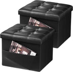 AmasSmile 2PC Storage Ottoman Folding Foot Rest Stool with Side Pocket, 16 inch Leather Footstool Bench, Short Ottoman Bench, Storage Foot Rest Store, Books, Black
