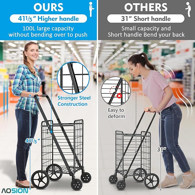 AOSION Folding Shopping Carts for Groceries,27GAL/220lb,Grocery Cart with 360° Rolling Swivel Wheels, Collapsible Rolling cart,Portable Utility Cart with Shopping Liner for Laundry Luggage Office