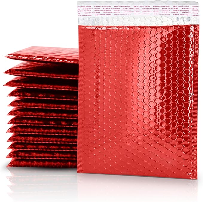 GGR Supplies Metallic Bubble Padded Envelope Mailers, 7.5 X 11 Inches, Waterproof Ultra Resistant Ideal For Packing, Shipping, and Storing. Pack of 25 (Red)