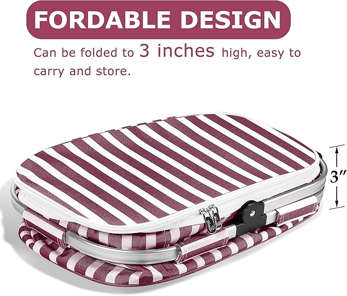 Tirrinia Large Insulated Picnic Basket, 34L Water Resistant & Leakproof Collapsible Portable Cooler Basket Set with Aluminium Handle for Travel, with a Free Foldable Grocery Bag, Wine Stripe