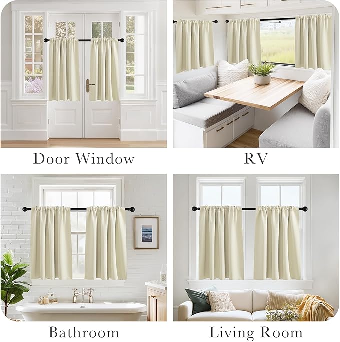PONY DANCE Beige Kitchen Curtains 24 inch Long, Small Window Treatments Rod Pocket Energy Efficient Short Blackout Curtain Panels for Rv Camper, 29-inch Wide by 24 Long, Light Beige, 2 Pieces