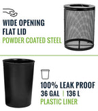 Alpine Outdoor Trash Can 36 Gallon Diamond Steel Commercial Metal Waste Bin with Leak Proof Liner, Heavy Duty Steel Mesh Design, Flat Wide Open Top Lid for Parks, Streets, and Public Spaces-Black
