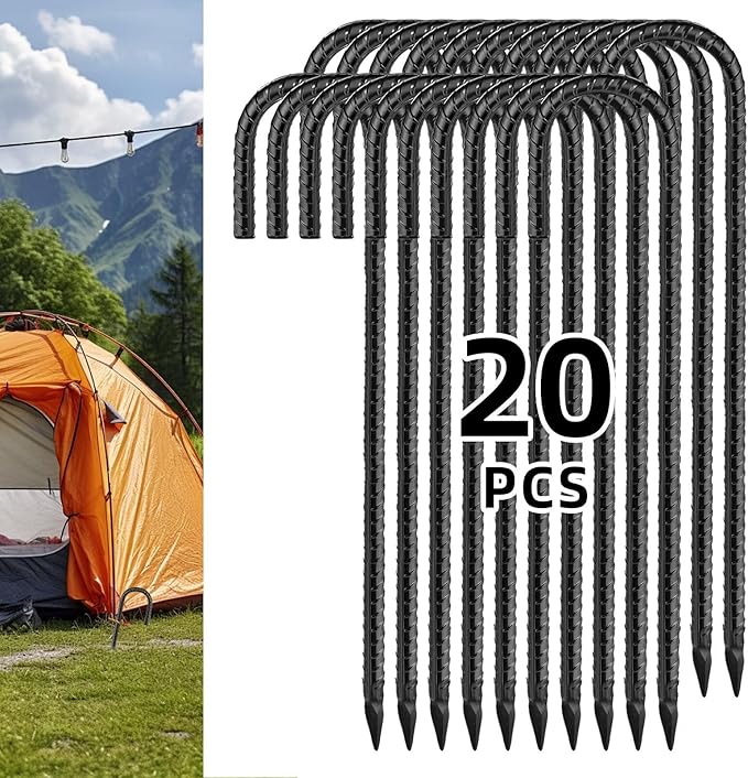 Black Rebar Stakes 12 inch (20pcs) - Heavy Duty 6mm Metal J Hook Ground Stakes,Galvanized Steel for Tent,Bounce House,Fence,Dog Coop,Artificial Turf,Outdoor Plants,Christmas & Holiday Decorations