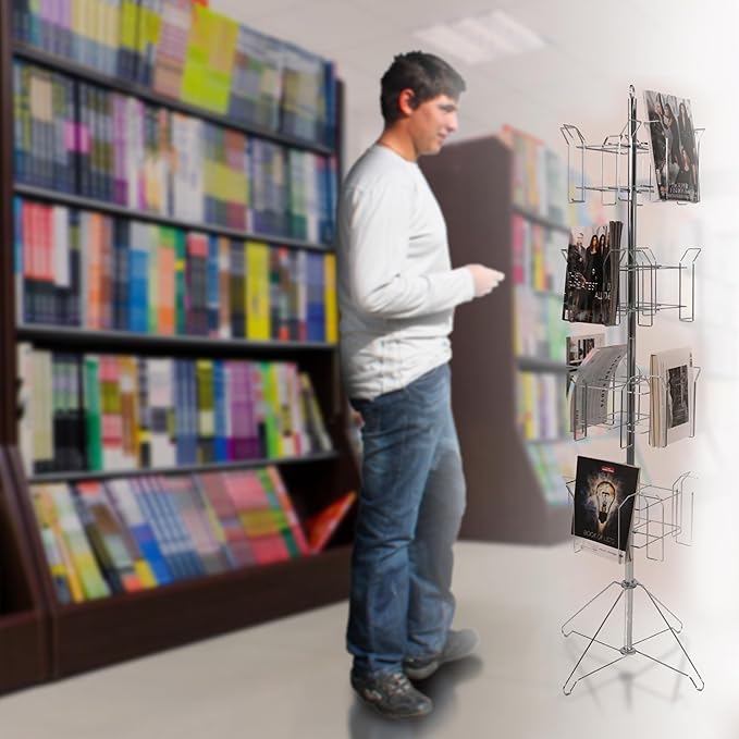 SSWBasics 4-Tier Chrome Rotating Standing Literature Rack - 64'H x 16"D - 16 Pockets Total - Sleek Floor Standing Book Display Rack for Periodicals - Sturdy Comic Book Display Stand for Magazines,