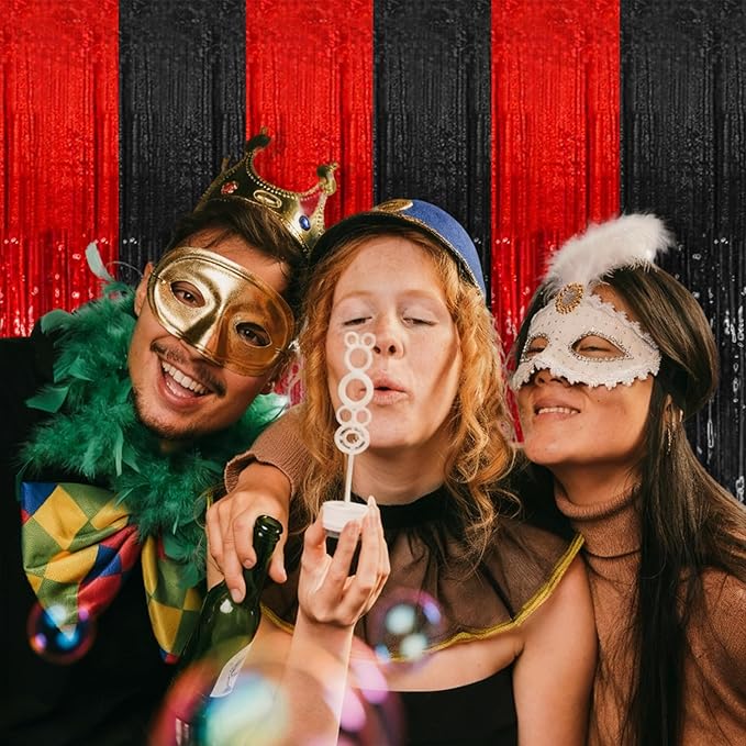 10 Pack Black and Red Party Backdrop Streamers Decorations Foil Fringe Curtains Metallic Tinsel Backdrop for Birthday Halloween Christmas New Year Fancy Ball Graduation Party Decor