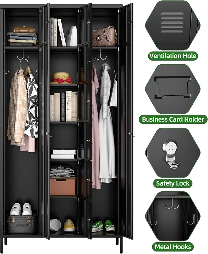 Aobabo Metal Storage Locker for empolyees, 10 Doors Metal Lockers with Hooks, for School, Home Office, Garage, Assembly Required, Black