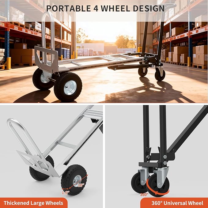 Aluminum Convertible Hand Truck, 800lbs 3 in 1 Folding Dolly Cart Lightweight Frame,Heavy Duty Industrial Platform Cart Handtruck for Construction, Logistics, Shopping, Home, Office Moving (Black)