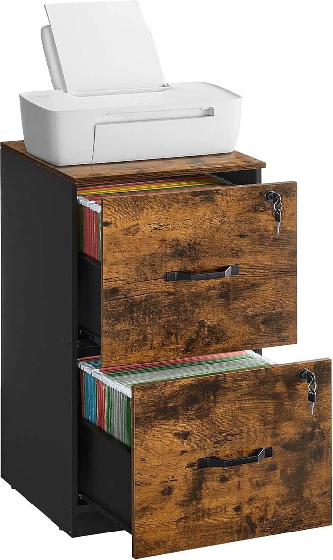 VASAGLE 2 Drawers File Cabinet with Lock, Printer Stand, Office Filing Cabinet Organizer, for A4 and Letter Size Documents, Rustic Brown and Ink Black UOFC061B01