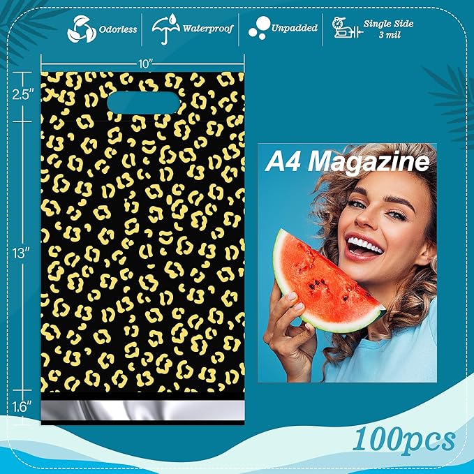 JinRuiKJ Poly Mailers with Handle 10x13 Inch 100 Pcs, Easy to Carry Packaging Bags for Small Business, Thank You Shipping Bags with Self Adhesive Strip, Tearproof and Waterproof - Gold leopard