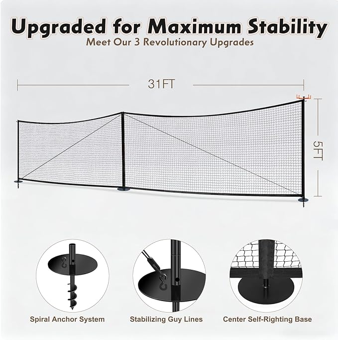 Driveway Guard Barricade Net - HDPE 5FT High 31/41FT Sizes 7.9inch Spiral Stakes 200% Anti-Tear with Middle Support Foldable Hook Prevents Kids & Toys Falling
