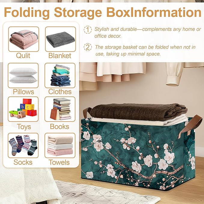Plum Blossom Storage Bin with Handles, Basket Storage Organizer for Shelves, Closet, Nursery, Book, Laundry Hamper & Home Decor