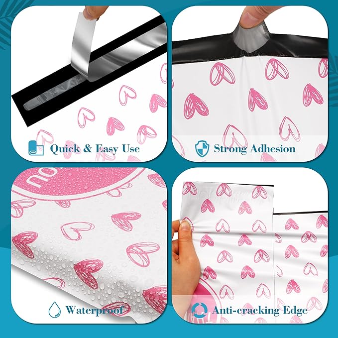 JinRuiKJ Poly Mailers with Handle 10x13 Inch 25 Pcs, Easy to Carry Packaging Bags for Small Business, Thank You Shipping Bags with Self Adhesive Strip, Tearproof and Waterproof - Pink heart