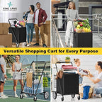 5.7 Cu Ft Folding Shopping Cart - 600 LB Capacity Grocery Cart with 360° Braked Swivel Wheels - Heavy Duty Utility Cart with Double Basket & Removable Waterproof Liner with Lid for Laundry