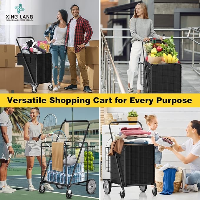 5.7 Cu Ft Folding Shopping Cart - 600 LB Capacity Grocery Cart with 360° Braked Swivel Wheels - Heavy Duty Utility Cart with Double Basket & Removable Waterproof Liner with Lid for Laundry