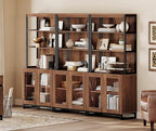 WAMPAT 3 PCS Modern 72" Tall Bookcases with Glass Doors and Adjustable Shelves, Library Book Shelf with Storage Cabinet and Open Book Shelfs, Wood Bookshelves for Home Office, Living Room, Brown