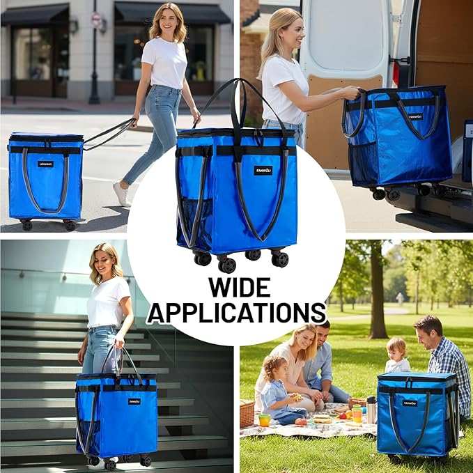 (Medium) Fanwoli Reusable Grocery Bag on Wheels with Upgraded Wrinkle-Resistant Fabric | Enhanced Stability Wheels & Extended Handle | Foldable Shopping Trolley for Laundry, Carries Up to 66 L